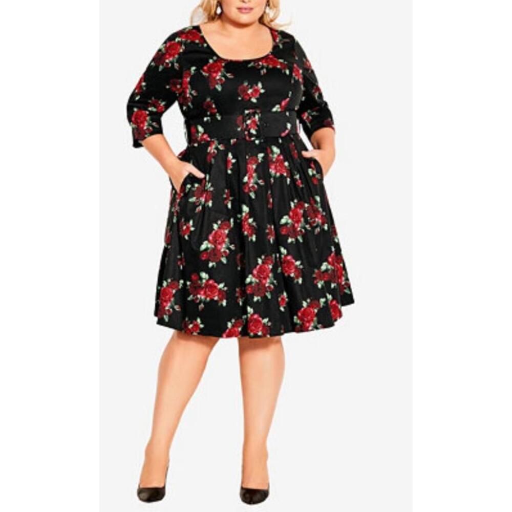 NWT City Chic  Pinup Retro Roses Floral Belted Stretch Dress Pockets S/16